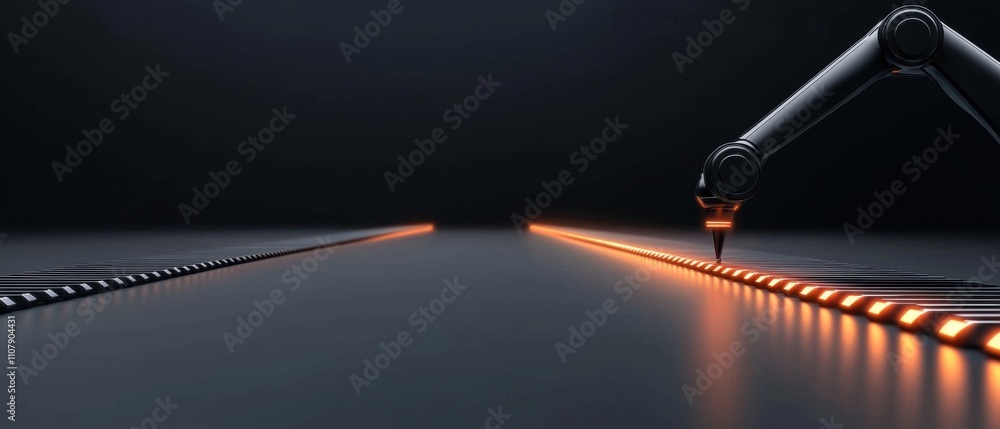 Poster robotic arm with a long, straight line of orange light emanating from it. the arm is positioned on t