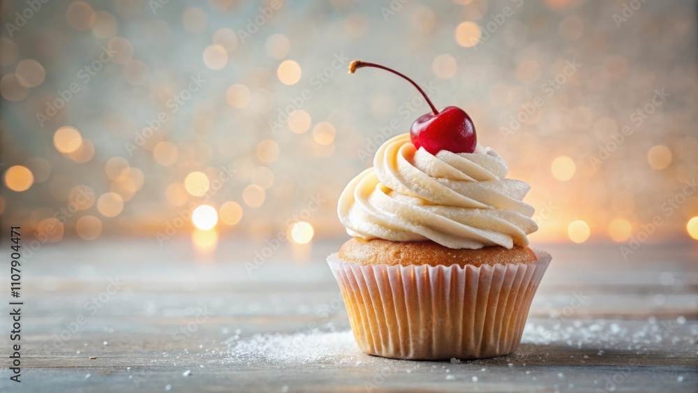 Poster a festive vanilla cupcake topped with whipped cream and a single cherry, against a background of gol