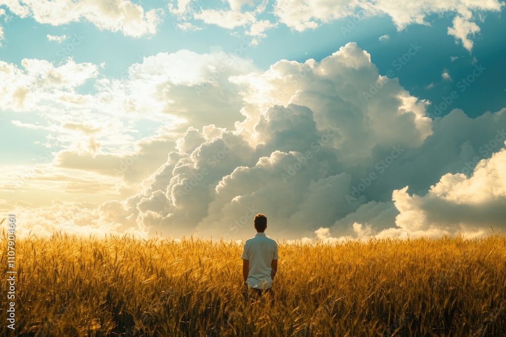 Poster a person standing in a field of tall grass, possibly lost or exploring