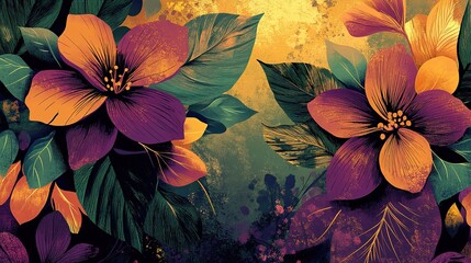 Vibrant Floral Pattern with Purple and Gold Hues Ideal for Backgrounds, Textiles, and Creative Projects in a Contemporary Tropical Style