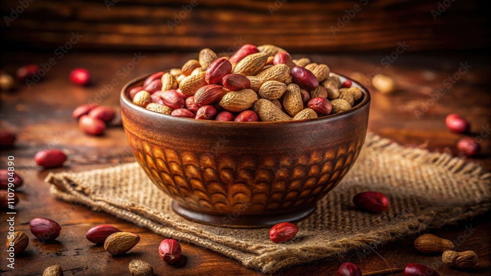 Poster a rustic wooden table setting featuring a bowl of roasted peanuts, with scattered nuts around, showc
