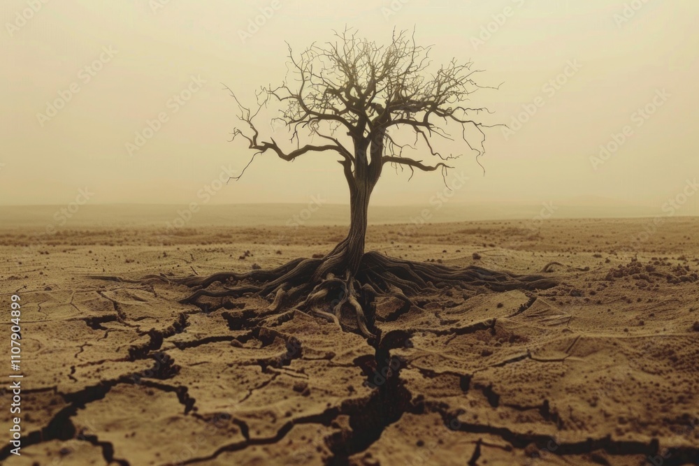 Poster a single tree standing alone in the vast desert landscape