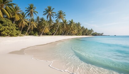 Tropical paradise beach scene with turquoise water and palm trees.  Tranquil, pristine, and idyllic sandy beach.  Perfect for relaxation and vacation.  Clear sky, vivid colors.