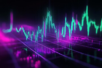  Cryptocurrency price chart, purple-green neon color, dark background 