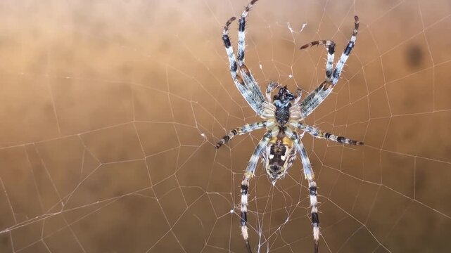huge striped spider chewing macro shot