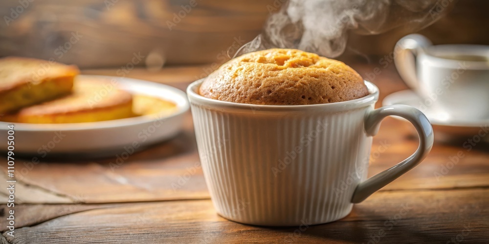 Poster a freshly baked, golden brown cake, steaming in a white mug, resting on a rustic wooden surface with