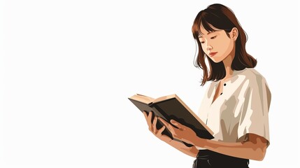 Young woman reading a book in minimalist illustration on white background.