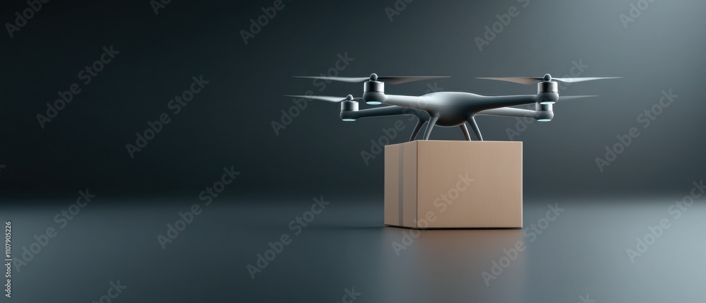 Poster small drone with four propellers flying over a rectangular box. the drone is black in color and appe