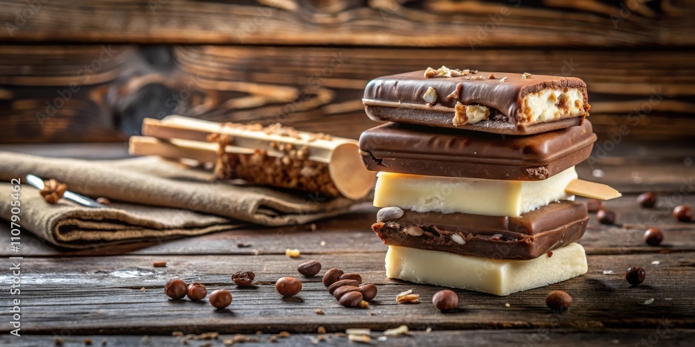 Poster A stack of assorted chocolate bars with nuts and white chocolate on a rustic wood surface with coffee beans scattered around