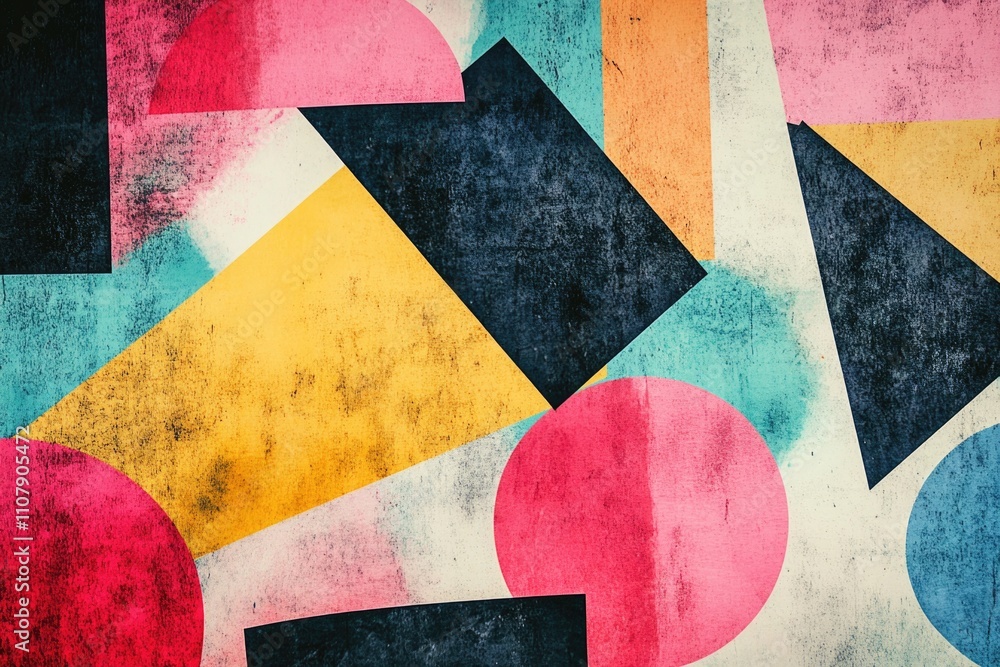 Aufkleber A colorful array of geometric shapes on a plain white wall