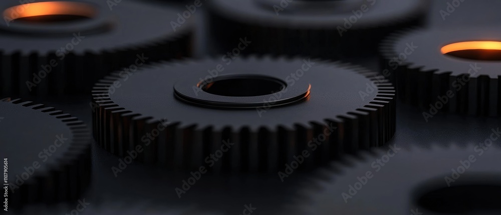 Poster group of six black gears arranged in a circular pattern. the gears appear to be made of metal and ha