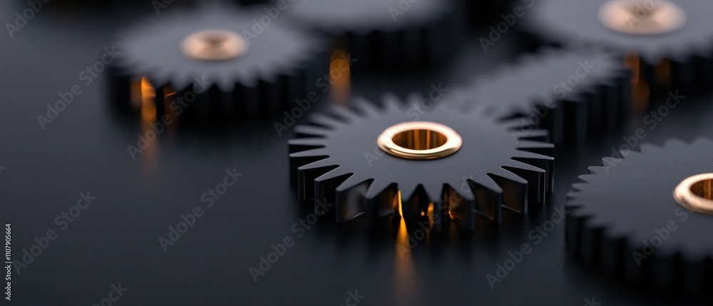 Poster group of six metal gears arranged in a row on a black surface. the gears are of different sizes and 