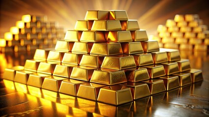 Fototapeta premium A pyramid of shiny golden bars glistening under the warm glow of light, symbolizing wealth and prosperity.