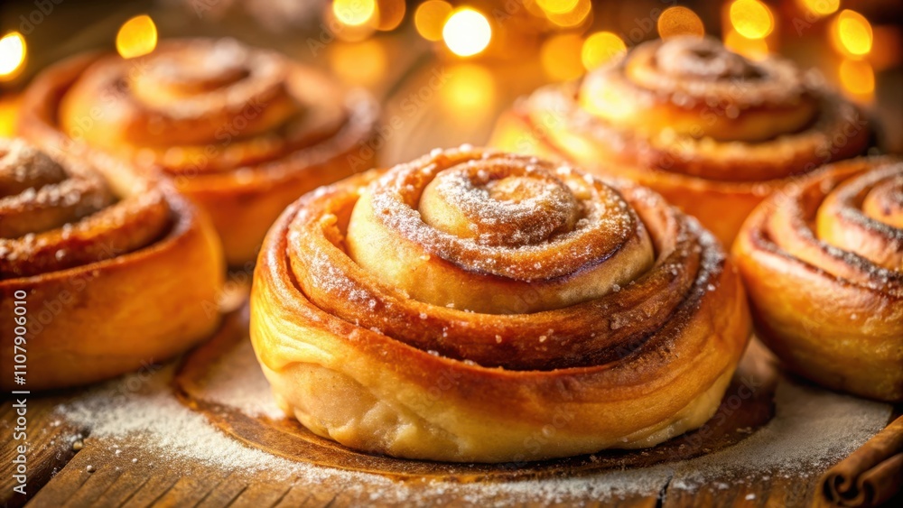 Poster A close-up of cinnamon rolls dusted with powdered sugar, with a warm and inviting golden glow from the soft light behind them.