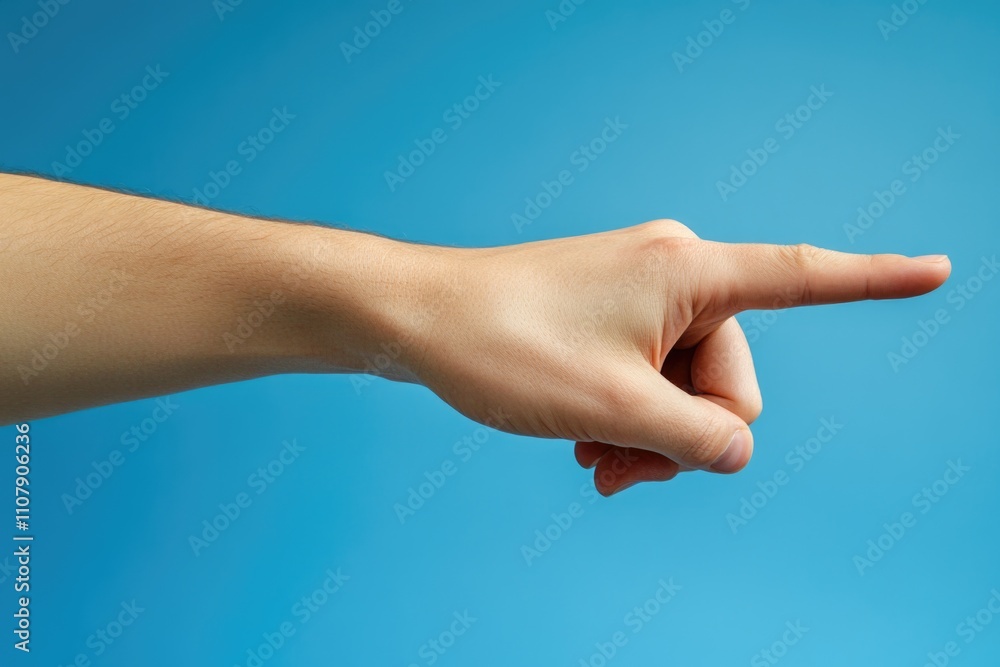 Aufkleber a person's hand points towards a bright blue background, suitable for use in illustrations and desig