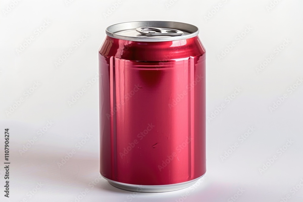 Poster a single can of soda sitting on a clean and white surface