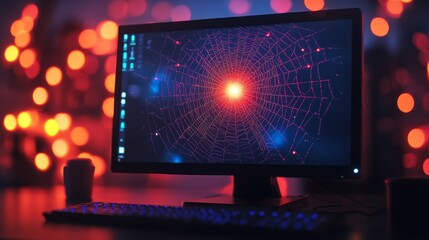 Fototapeta premium Computer with Digital Spider Web Display