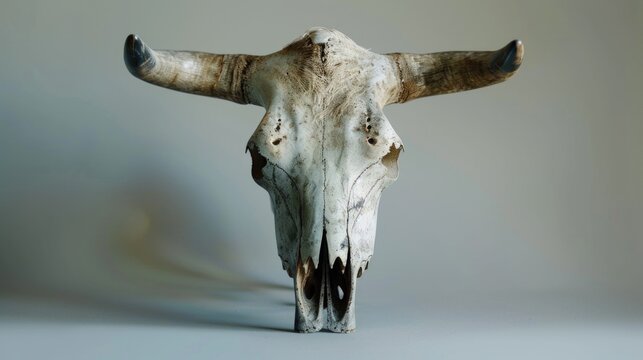 A cow's skull photographed on a plain gray background