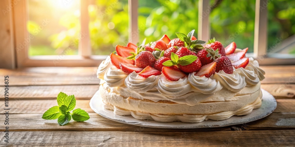 Poster a delicate pavlova cake layered with whipped cream and topped with juicy strawberry slices and fresh