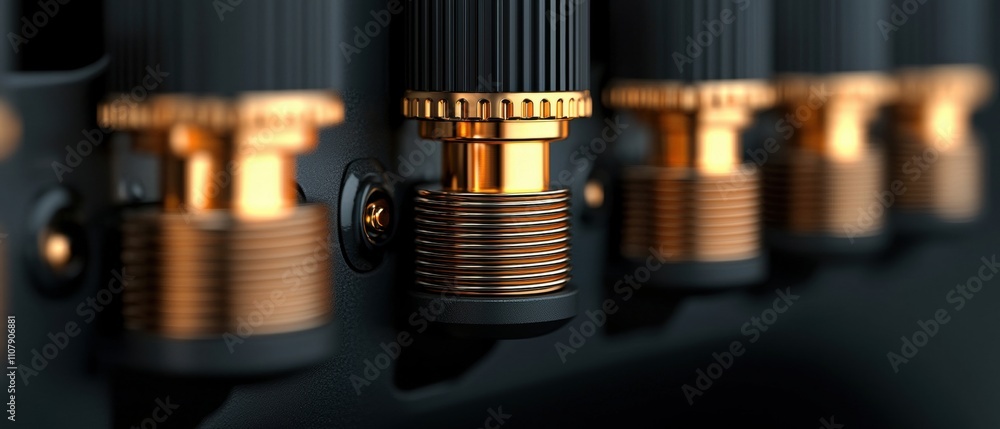 Poster close-up of a black electronic device with six gold-colored knobs. the knobs are arranged in a row a