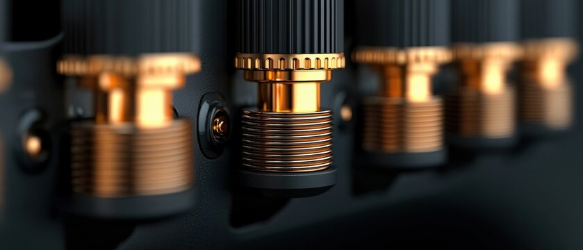 Close-up of a black electronic device with six gold-colored knobs. the knobs are arranged in a row and appear to be part of a larger system.