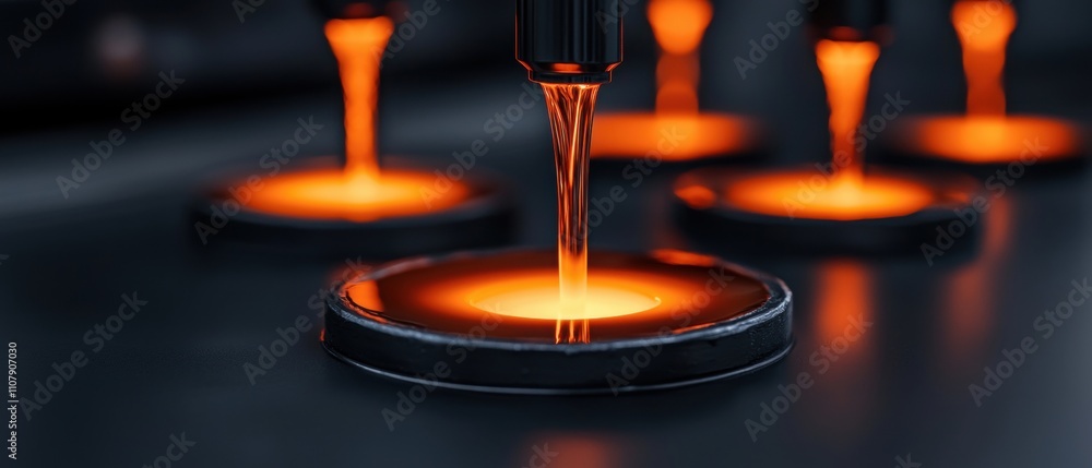 Poster close-up of a pipette pouring orange liquid into a black circular object. the liquid appears to be f