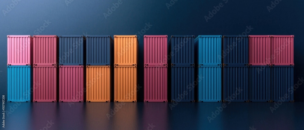 Poster row of colorful shipping containers arranged in a diagonal line on a dark blue background. the conta