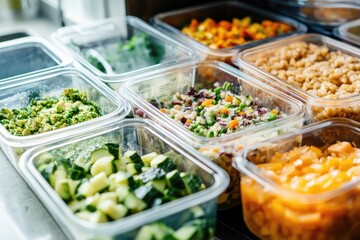 Obraz premium Assorted containers filled with diverse foods, ideal for representing various cuisines or cultural themes