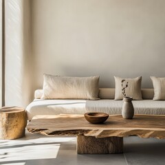 Minimalist interior design of modern living room with earthy tones, featuring a neutral sofa and a rustic wooden.