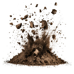 Real Explosive soil dirt eruption with debris flying isolated on white & transparent a background.
