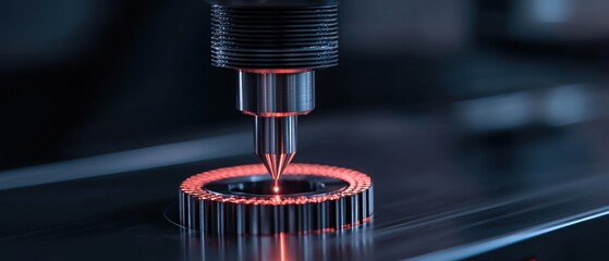 Close-up of a cnc (computer numerical control) machine in action. the machine is black in color and has a cylindrical shape with a threaded end.