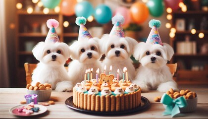 Obraz premium Maltese Dogs' Birthday Party with Dog Biscuit Cake