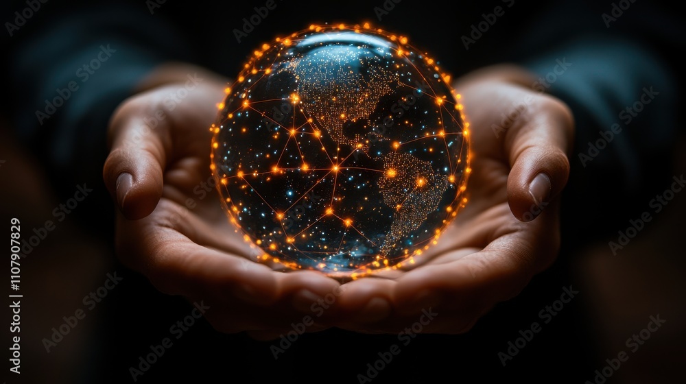 Poster pair of hands holding a transparent globe with digital connections and nodes superimposed over it re