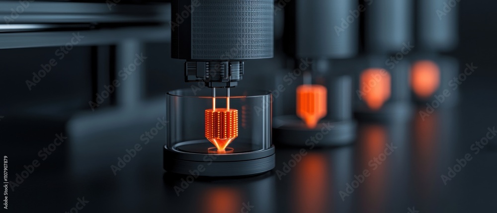 Poster close-up of a 3d printer with a small glass container in front of it. the container has a cylindrica