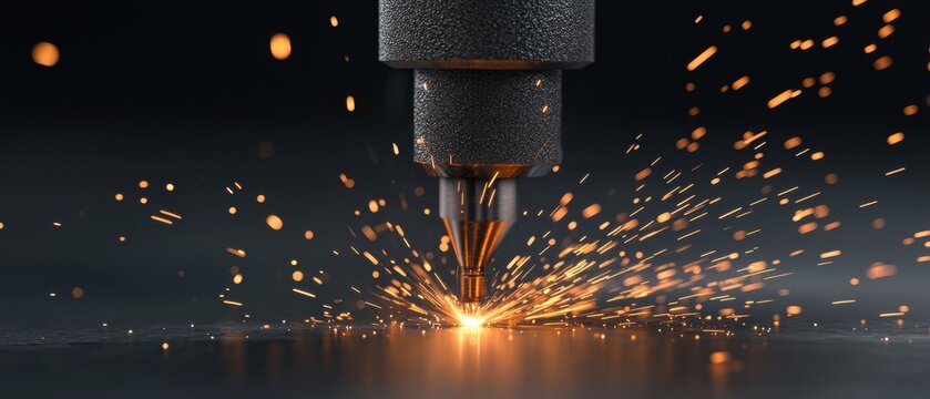 Close-up of a cnc (computer numerical control) cutting machine. the machine is black in color and has a cylindrical shape with a pointed end.