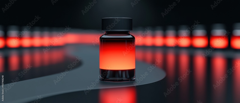 Poster small glass bottle with a black cap placed on a black surface. the bottle is lit up with a red light