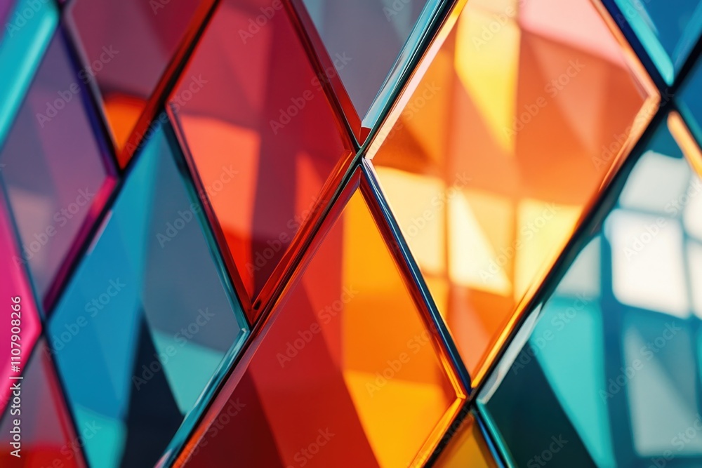 Poster a detailed shot of a vibrant glass wall with intricate patterns and colors
