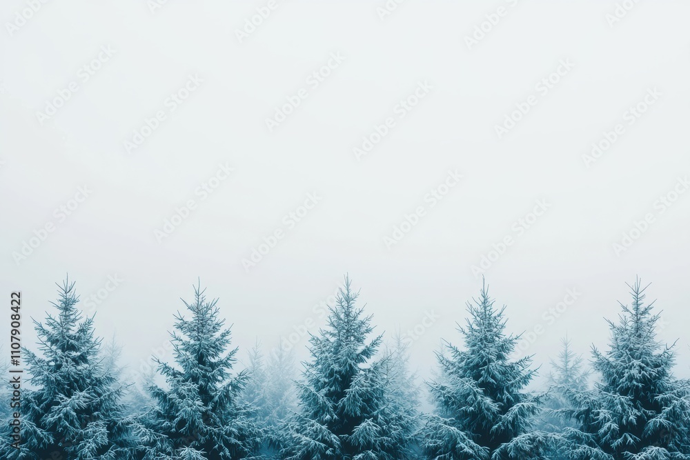 Poster snowy pine trees creating a serene winter forest landscape with misty background