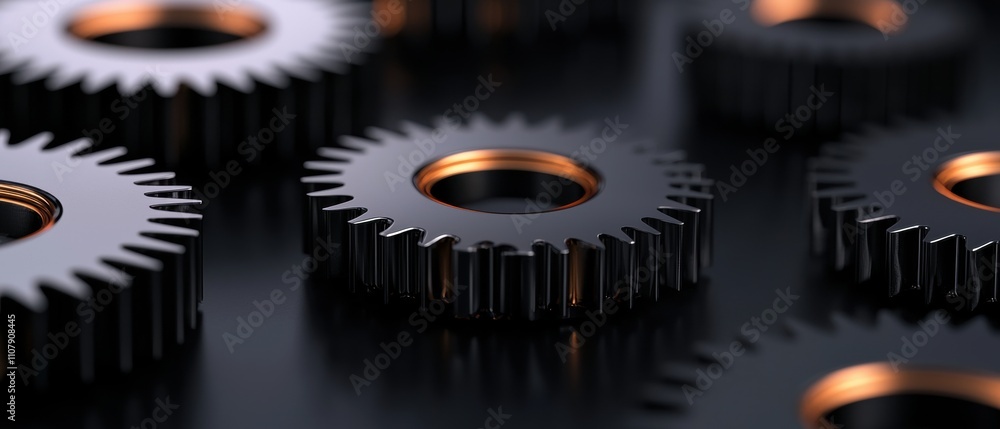 Poster group of six metal gears arranged in a row on a black surface. the gears are of different sizes and 