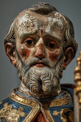 A close-up view of a statue depicting a bearded man