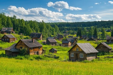 Fototapeta premium A small village surrounded by a lush green field, perfect for rural landscapes and scenic views