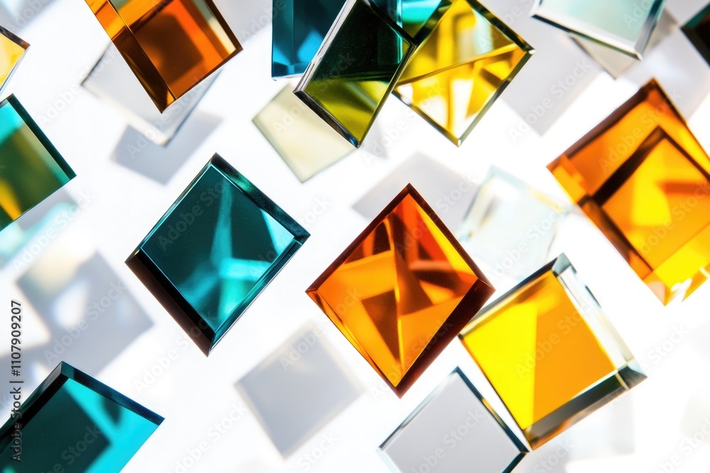 Poster A collection of vibrant glass squares suspended from the ceiling, adding a pop of color and visual interest to any room