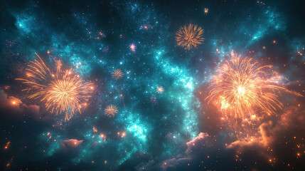 Fototapeta premium Celebratory fireworks illuminate a night sky filled with vibrant colors and cosmic patterns in a stunning display. Generative AI
