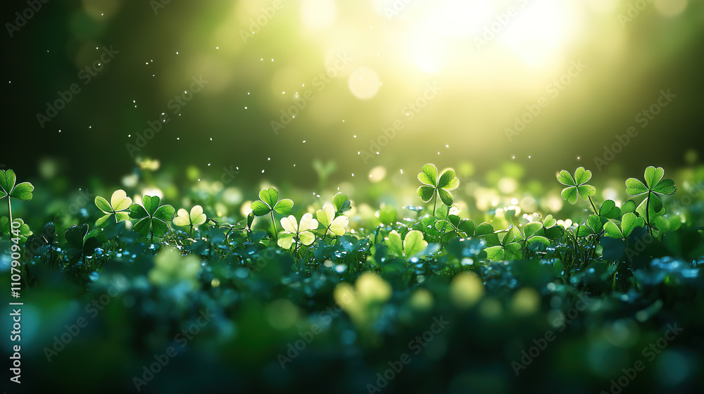 Poster sunlight illuminating a lush green clover field with soft bokeh effect during early morning hours. g