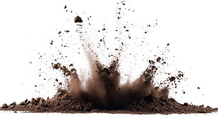 Real Explosive soil dirt eruption with debris flying isolated on white & transparent a background.
