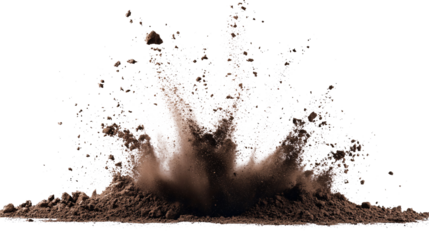Real Explosive soil dirt eruption with debris flying isolated on white & transparent a background.