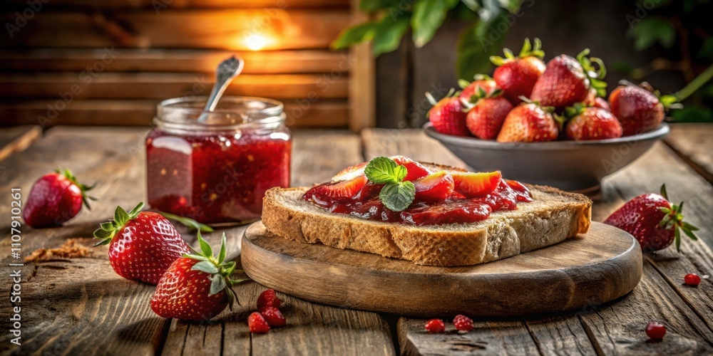 Poster a rustic wooden table setting with a slice of bread topped with strawberry jam and fresh mint, along
