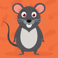 Obraz premium Funny cute mouse. Smiling Animal with big ears and grey fur. Small rat with a long tail and open mouth. Isolated vector illustration in cartoon style.