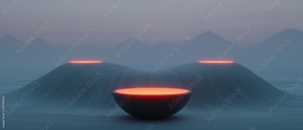 Poster large wave in the middle of a body of water with mountains in the background. the wave is curved and