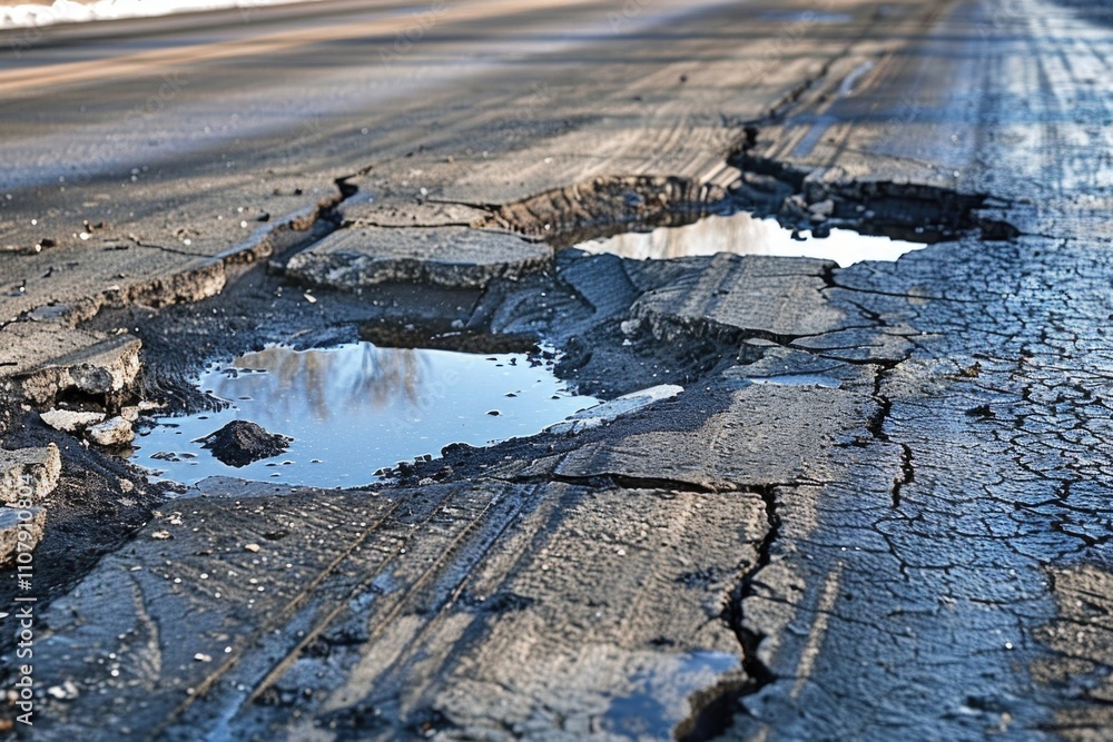 Poster a worn-out pothole on the edge of a road, with cracks and uneven surface